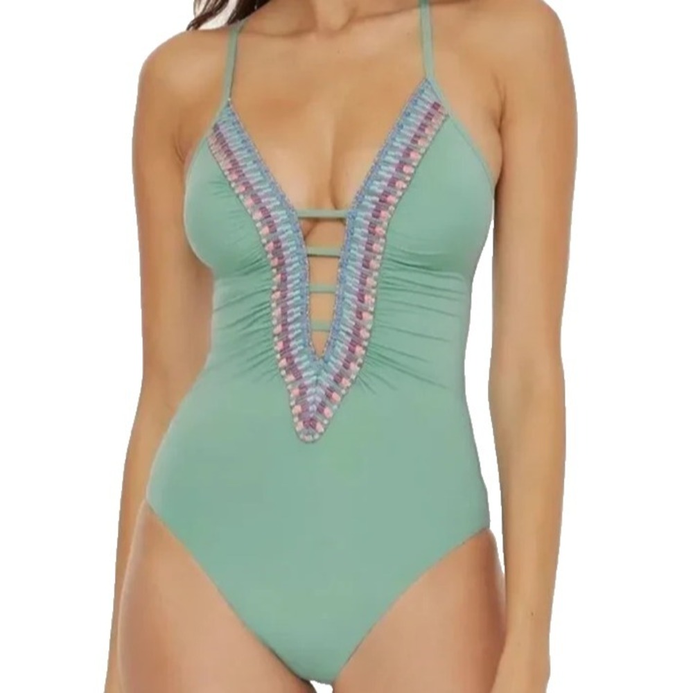 Becca by Rebecca 1 Piece Plunge Crochet Swimsuit Women's S Sea Foam Green NWT